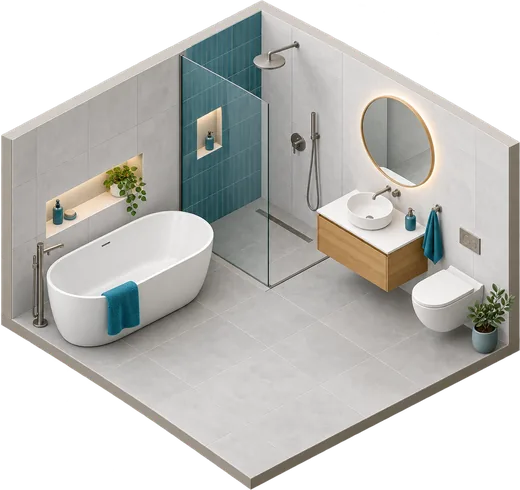 Isometrische 3D-Ansicht eines Badezimmers mit freistehender Badewanne, begehbarer Dusche, Waschtisch mit Rundspiegel und wandhängendem WC