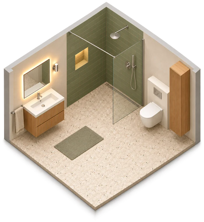 Duschbad in 3D: Walk-in-Dusche mit Glaswand und Nische, Waschtisch mit Spiegel, Wand-WC und Hochschrank