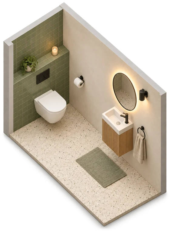 Gäste-WC in 3D: Wand-WC vor gefliester Vorwand, Handwaschbecken mit Holzunterschrank und runder Spiegel mit Licht