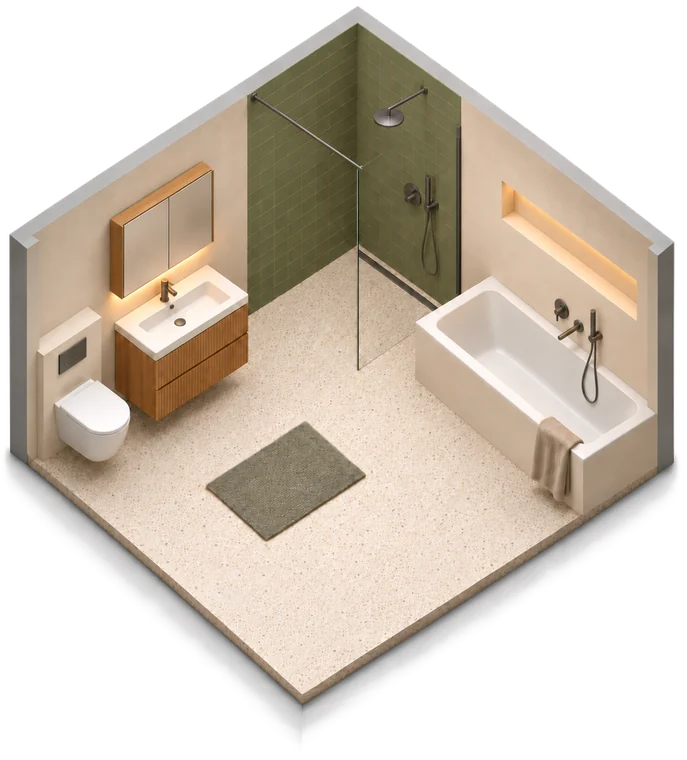 Bad mit Wanne und Dusche in 3D: Badewanne an der Wand, Walk-in-Dusche, Waschtisch mit Spiegelschrank und Wand-WC