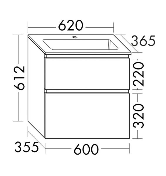 Burgbad Lin20 Mineralguss-Waschtisch 62x36,5cm mit Waschtischunterschrank, 2 Auszüge, wandhängend