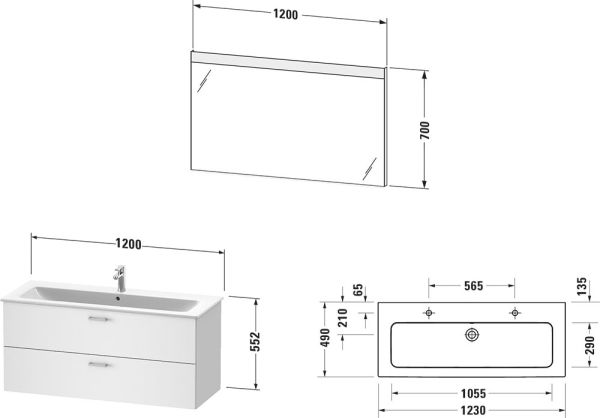 Duravit XBase Badmöbel-Set 123cm mit ME by Starck Doppelwaschtisch und Spiegel