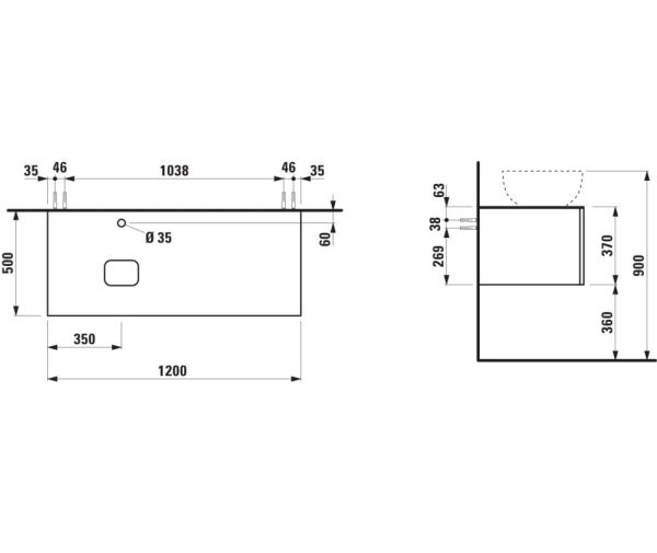 Laufen IL BAGNO ALESSI One Schubladenelement 1200, Hahnloch, Ausschnitt links, zu WT H818977/8