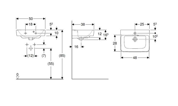 Geberit Renova Plan Handwaschbecken mit asymmetrischem Überlauf, mit 1 Hahnloch, 50x38cm, weiß_2