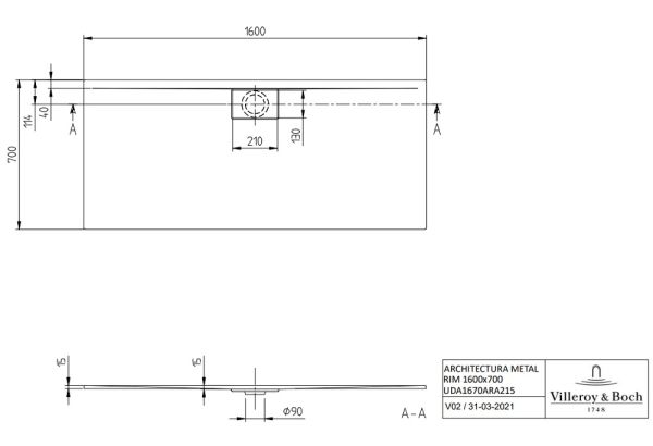 Villeroy&Boch Architectura MetalRim Duschwanne, 160x70cm, weiß