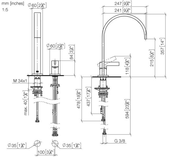 Dornbracht MEM Küchen-Zweilochbatterie mit Einzelrosetten, Ausladung 241mm