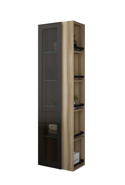 Burgbad Yumo Hochschrank mit 1 Alurahmentür mit Rauchglaseinsatz in Bronze und 1 offenes Regal frassino dekor cappuccino