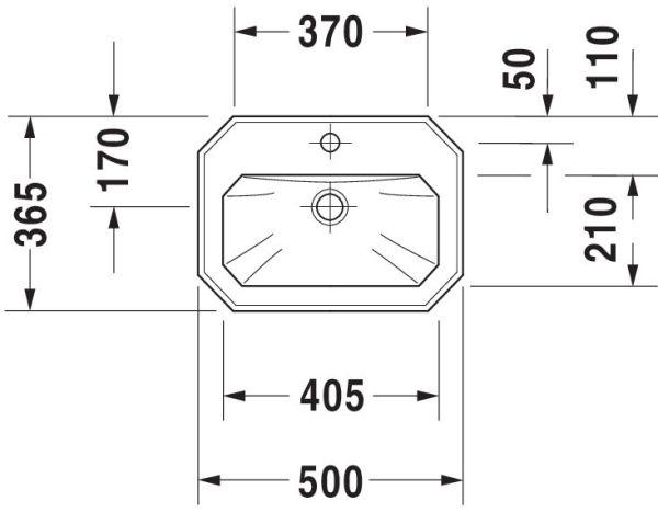Duravit Serie 1930 Handwaschbecken oktogonal 50x36,5cm, mit Überlauf, mit Hahnloch, weiß 0785500000