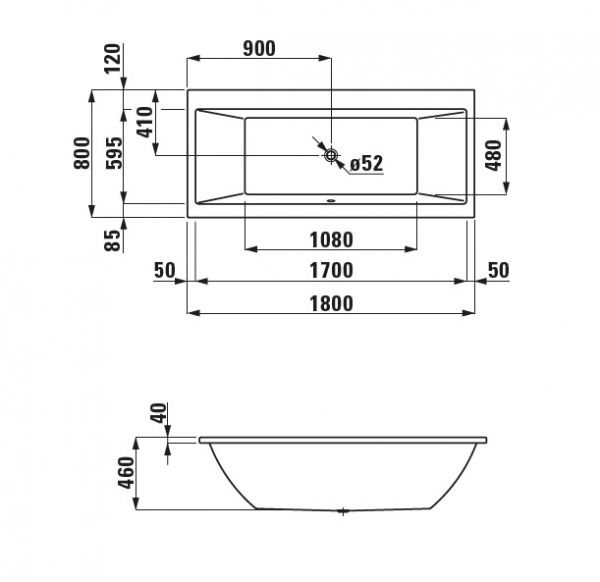 Laufen Pro Rechteck-Badewanne 180x80cm, mit Mittelablauf, weiß 23295.0