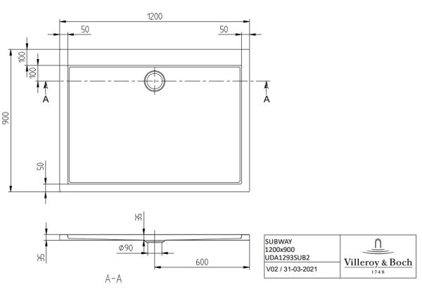 Villeroy&Boch Subway rechteckige Duschwanne für Eckmontage, 120x90cm, weiß UDA1293SUB2V-01