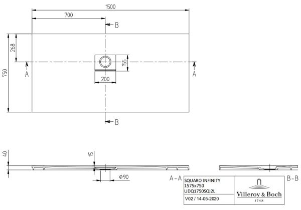 Villeroy&Boch Squaro Infinity Quaryl®-Duschwanne, Eckeinbau links gegen Wand, 150x80cm UDQ1575SQI2LV-1S