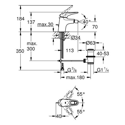 Grohe Eurostyle Einhand-Bidetbatterie mit Zugstangen-Ablaufgarnitur und offener Hebelgriff, chrom