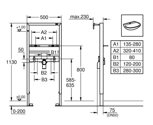Grohe Solido Waschtisch Vorwandelement 1,13m für Einlochbatterie