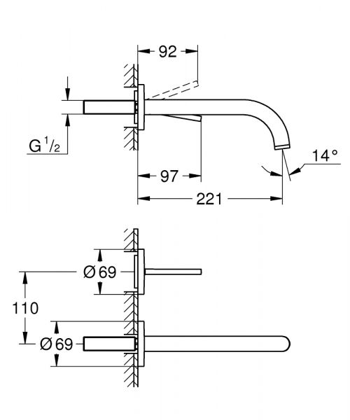 Grohe Atrio 2-Loch-Waschtischbatterie Wandmontage, Ausladung 221mm, wassersparend