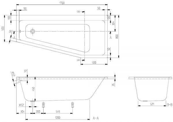 Villeroy&Boch Subway Raumspar-Badewanne 170x80cm, Ausführung rechts