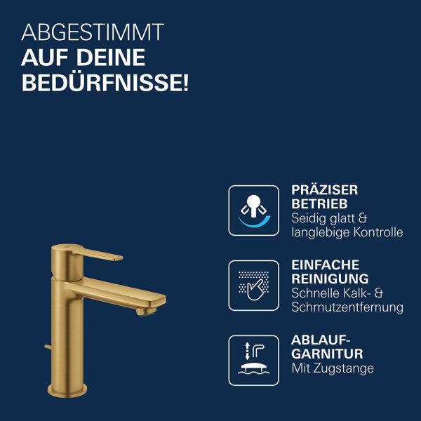 Grohe Lineare Badarmatur S-Size, Zugstangen-Ablaufgarnitur, wassersparend, cool sunrise gebürstet