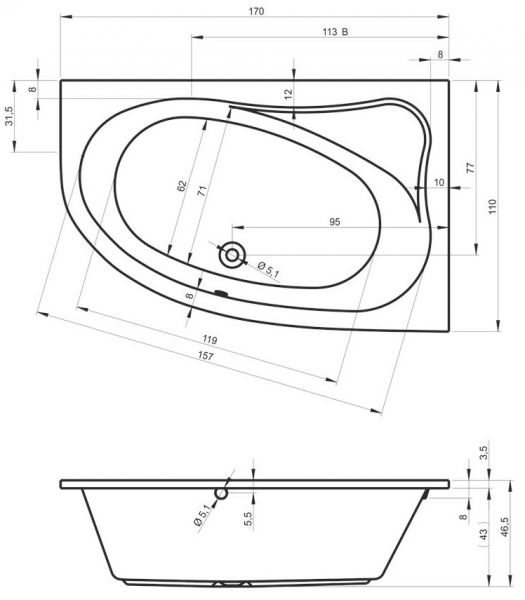 RIHO Aryl Raumsparwanne 170x110cm Ecke rechts, weiß