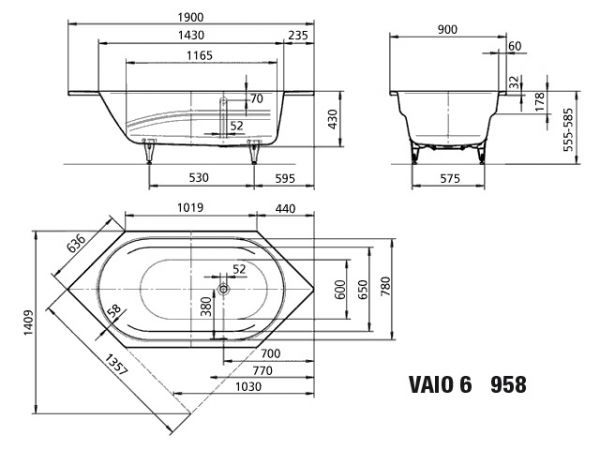 Kaldewei Vaio 6 Sechseck-Badewanne 190x90cm Mod.958