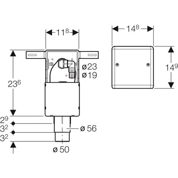 Geberit UP-Siphon für Geräte, mit einem Anschluss, Wandeinbaukasten und Abdeckplatte