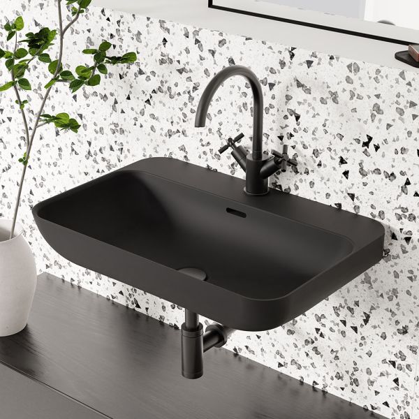 Steinberg Serie 440 Wandwaschtisch aus Mineo Stone mit Überlauf, matt black 4406112S