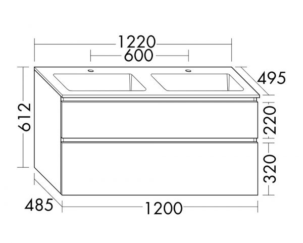 Burgbad Lin20 Mineralguss-Doppelwaschtisch mit Waschtischunterschrank, 2 Auszüge, wandhängend SGHZ122F5351C0001