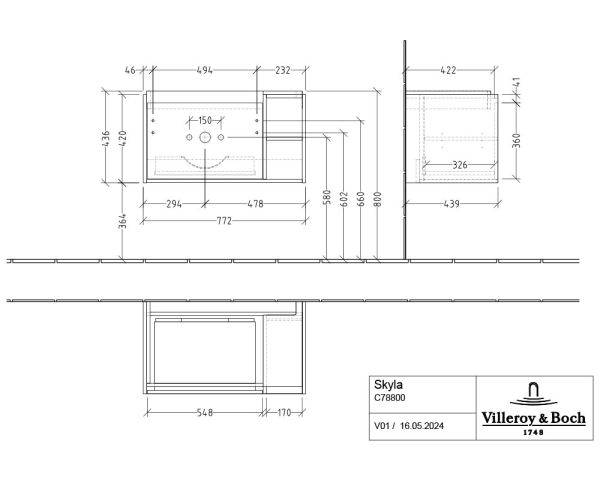 Villeroy&Boch Skyla Waschtischunterschrank C78800 80cm, offenes Fach rechts