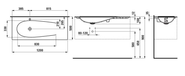 Laufen IL BAGNO ALESSI Aufsatz-Waschtisch, 120x50cm, techn. Zeichnung