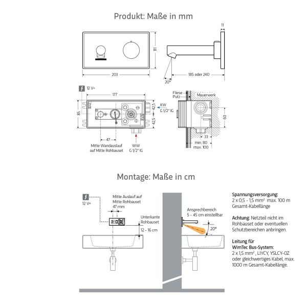 WimTec PROOF W7 Wandarmatur Netzbetrieb 185 mm Ausladung, weiß