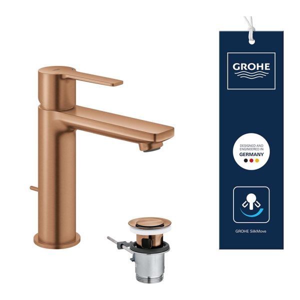 Grohe Lineare Badarmatur S-Size, Zugstangen-Ablaufgarnitur, wassersparend, warm sunset gebürstet
