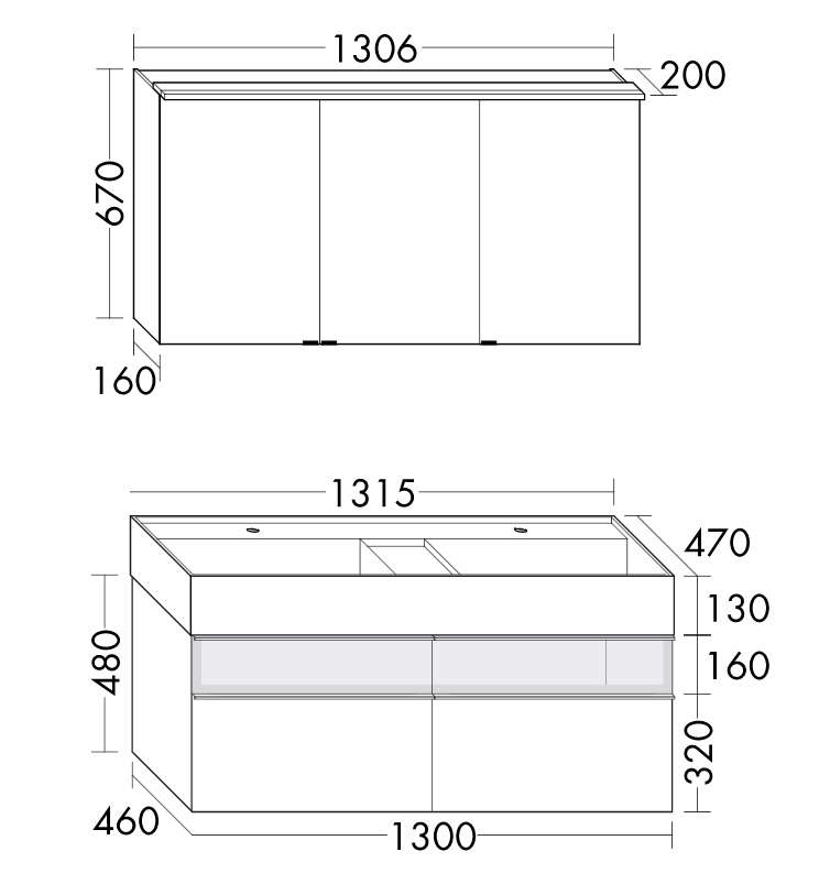 Burgbad Yumo Badmöbel-Set 131,5cm, Spiegelschrank, Mineralguss