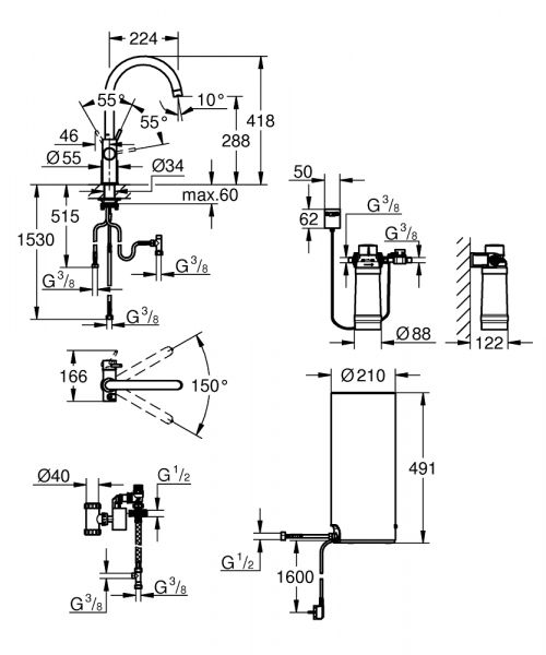 Grohe Red Duo Einhand-Spültischbatterie, C-Auslauf, Armatur und Boiler Größe L, chrom