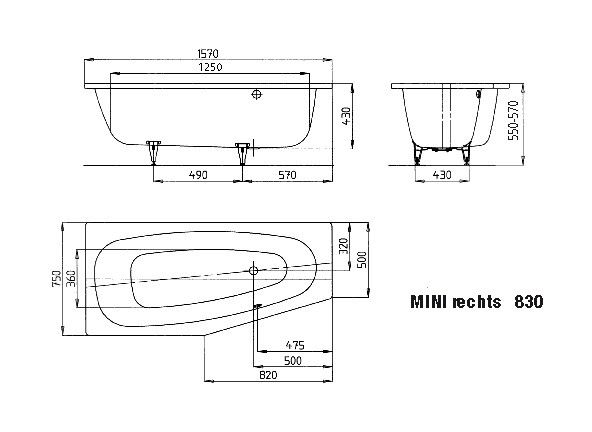 Kaldewei Mini rechts Raumspar-Badewanne 157x75/50cm Mod. 830