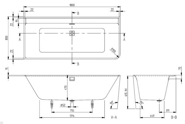 Villeroy&Boch Collaro Vorwand-Badewanne linke Ausführung 180x80cm Maße