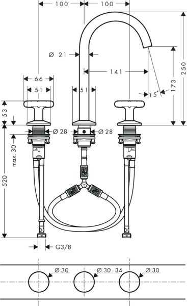 AXOR One 3-Loch Waschtischarmatur 170 mit Kreuzgriffen & Push-Open Ablaufgarnitur