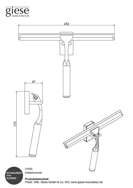 Giese Gifix 21 Haken mit Glasabzieher zum Kleben und Schrauben, schwarz matt