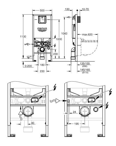 Grohe Rapid SLX WC-Element, Bauhöhe 1,13m inkl.Stromanschluss und Wasseranschluss für Dusch-WC