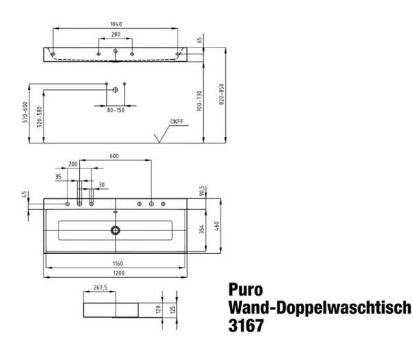 Kaldewei Puro Wand-Doppelwaschtisch 120x46cm, mit Perl-Effekt, Mod. 3167-D