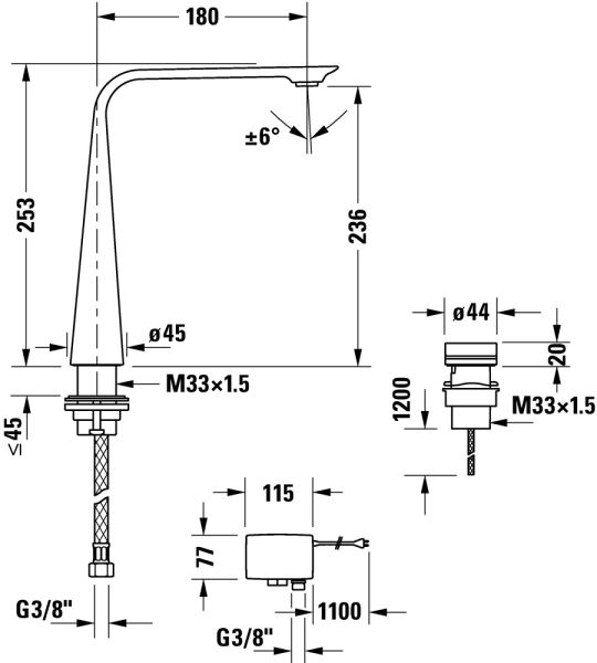 Duravit D.1 2-Loch Elektronikarmatur XL mit Steckernetzteil, techn. Zeichnung