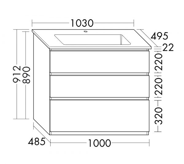 Burgbad Lin20 Keramik-Waschtisch 103x49,5cm mit Waschtischunterschrank, 3 Auszüge, bodenstehend