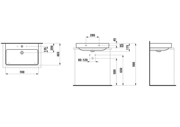 Laufen Pro S Aufsatzwaschtisch wandmontiert, geschliffen, mit 1 Hahnloch, 70x46,5cm, weiß H8169670001041