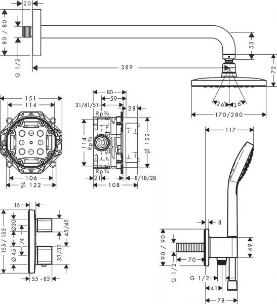 Hansgrohe Croma E Duschsystem Unterputz 280 1jet mit Ecostat E, chrom