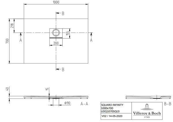 Villeroy&Boch Squaro Infinity Quaryl®-Duschwanne, flächenbündiger Einbau, 100x70cm, techn. Zeichnung