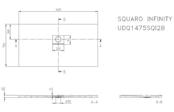 Villeroy&Boch Squaro Infinity Quaryl®-Duschwanne, lange Seite geschnitten an der Wand, 140x75cm, technische Zeichnung