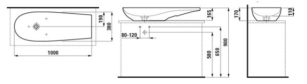 Laufen IL BAGNO ALESSI Waschtisch-Schale, 100x38cm, techn. Zeichnung