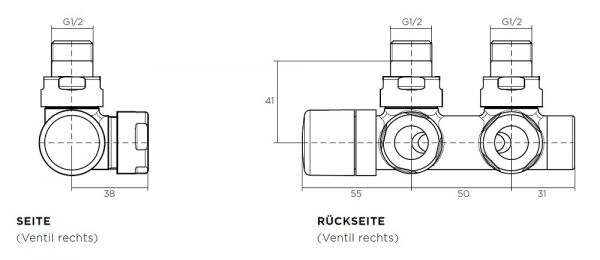 Zehnder Design Line Set Typ P Anschluss-Armatur Ausführung Eckform, Ventil rechts