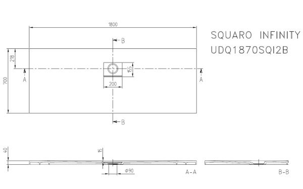 Villeroy&Boch Squaro Infinity Quaryl®-Duschwanne, lange Seite geschnitten an der Wand, 180x70cm, technische Zeichnung