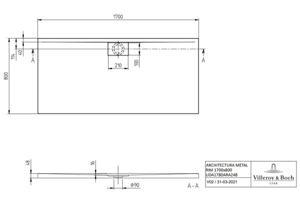 Villeroy&Boch Architectura MetalRim Duschwanne, 170x80cm, weiß, techn. Zeichnung