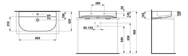 Laufen Sonar Aufsatzwaschtisch 80x42cm, geschliffen, techn. Zeichnung, H8163440001041