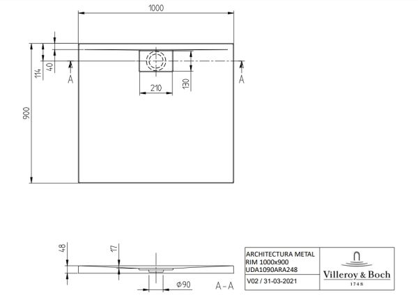 Villeroy&Boch Architectura MetalRim Duschwanne, 100x90cm UDA1090ARA248V-1S