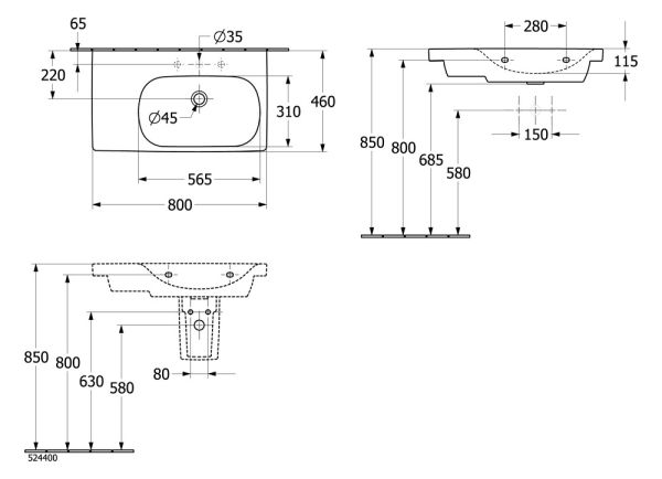 Villeroy&Boch Skyla Waschtisch 80x46cm, Ablagefläche links